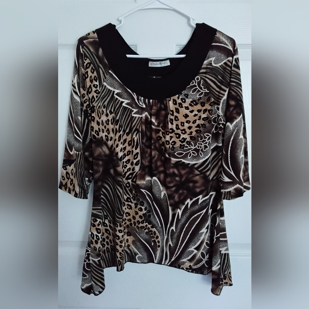 Claudia Richards Womens Brown and Black Patterned Tunic Blouse